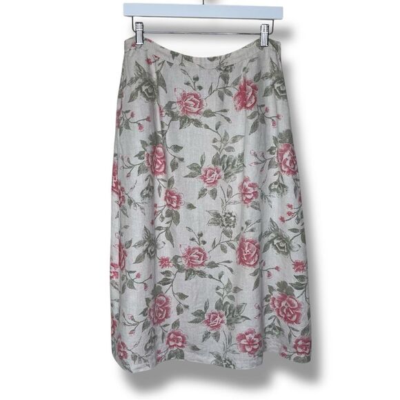 Vintage Units 100% Linen Floral Skirt Cottagecore Tan Pink Women Large Pockets - Picture 1 of 10